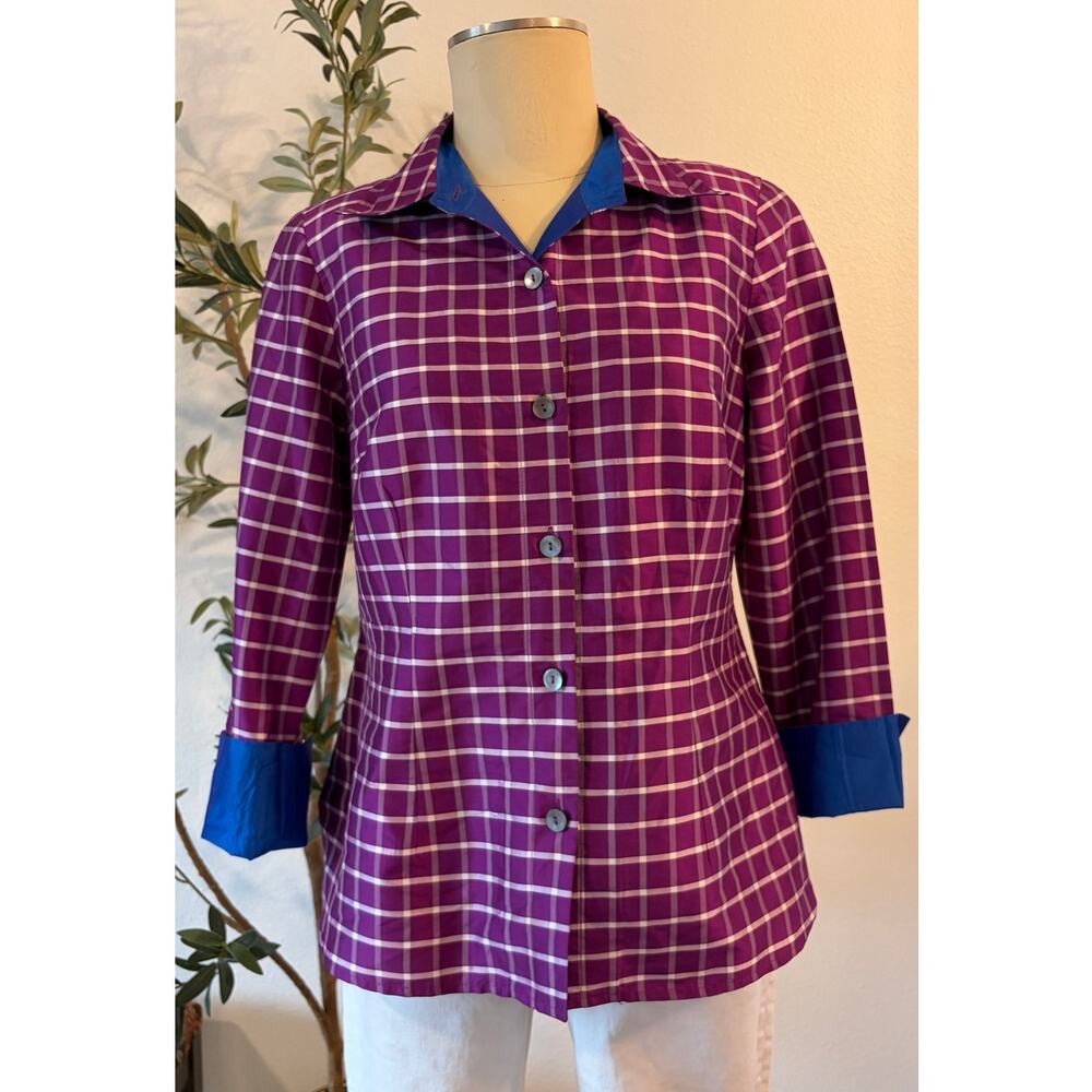 Nina McLemore 100% Silk Plaid Button Down Blouse Purple Blue Made in USA Size 6